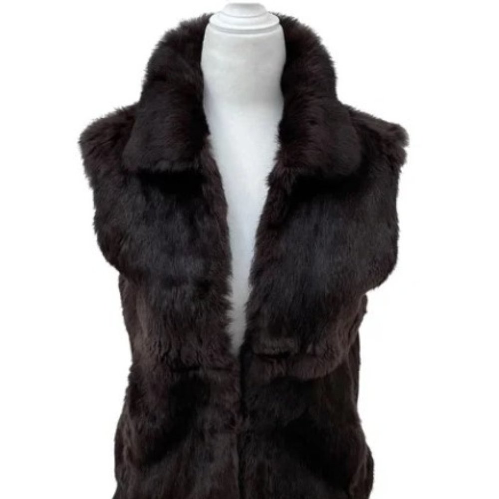 Adrienne Landau 100% Black Rabbit Fur Collared Vest